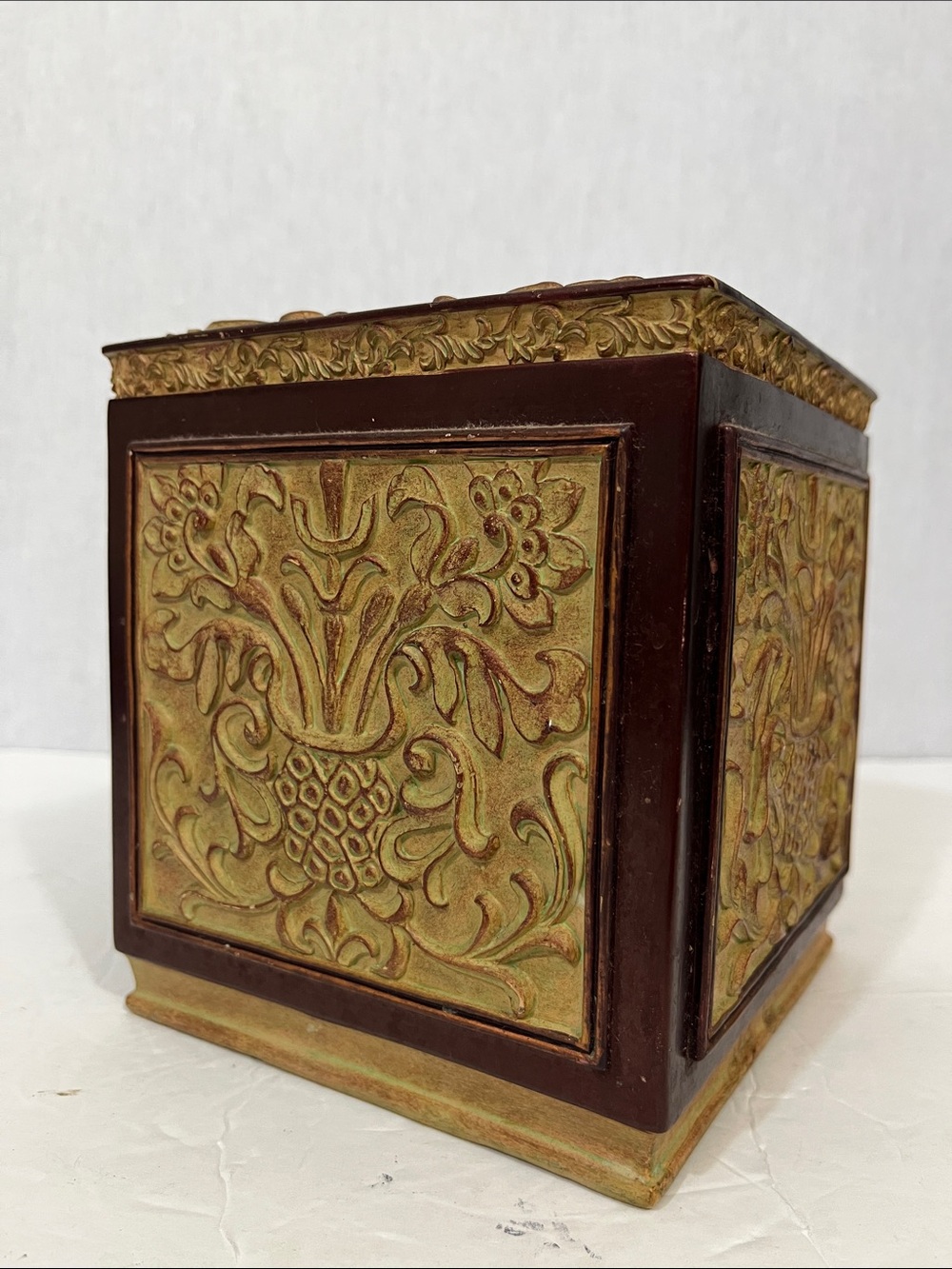Ornate Decorative Tissue Box Cover Raised floral scrollwork square vintage